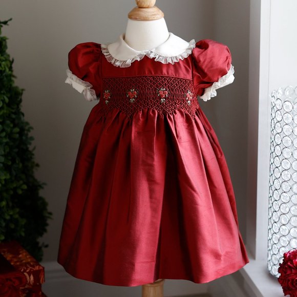 Red Silk Smocked Dress Embroidery size 24 Months Special Occasion Portrait